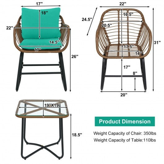 3 Pieces Patio Rattan Bistro Set Cushioned Chair Glass Table Deck-White