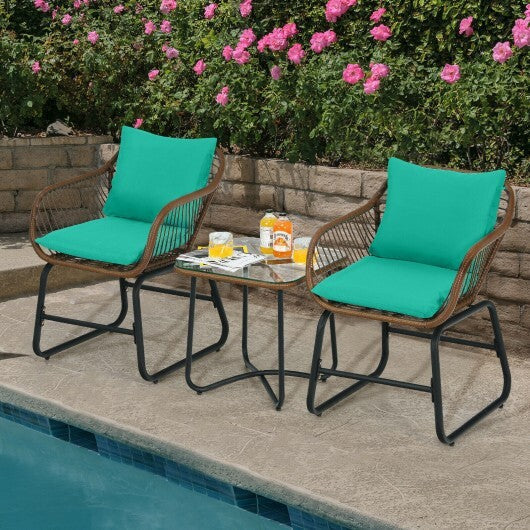 3 Pieces Patio Rattan Bistro Set Cushioned Chair Glass Table Deck-White