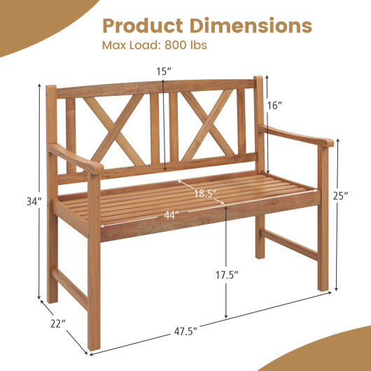 2-Person Wood Outdoor Bench with Cozy Armrest and Backrest