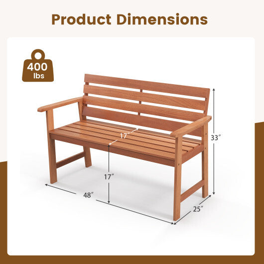 Patio Hardwood Bench Wood 2-Seat Chair with Breathable Slatted Seat & Inclined Backrest