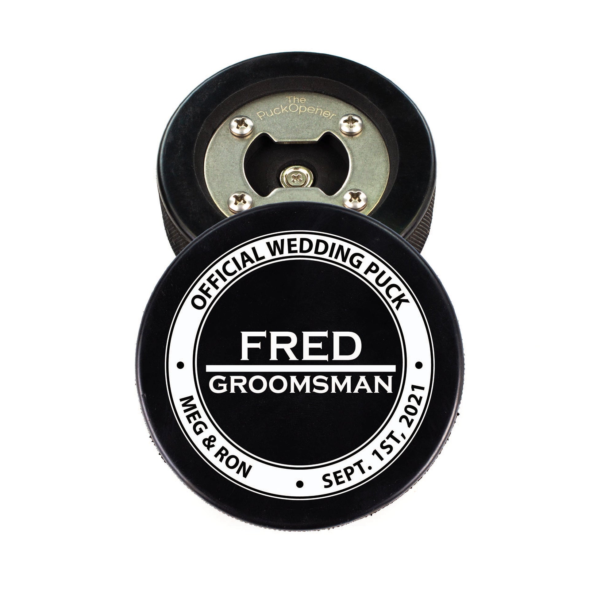 Circle Name & Wedding Party Role, Hockey Puck Bottle Opener