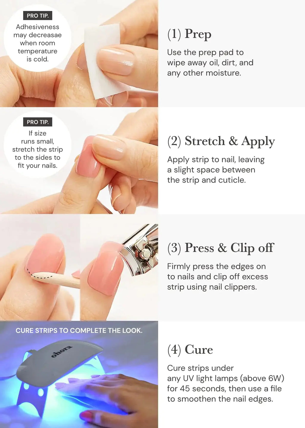 Ohora Semi Cured Gel Nail Strips - Works with Any Nail Lamps, Long Lasting, Easy to Apply & Remove