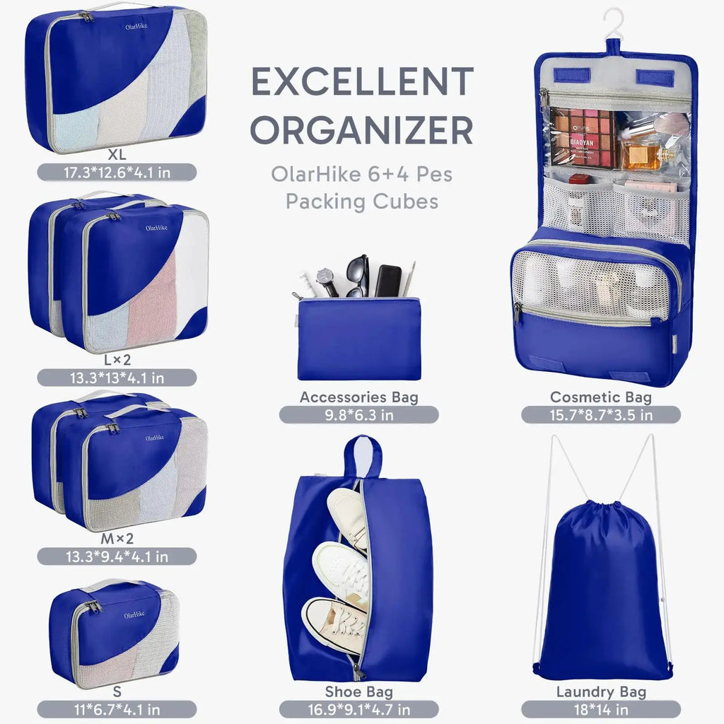 OlarHike Travel Essentials 10-Piece Packing Cube Set with Anti-Tear Stitching