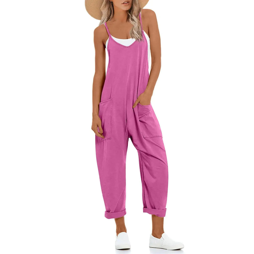 One Piece Jumpsuits for women V Neck Sleeveless Loose Fit overalls Spaghetti Strap Harem Long Pants with Pockets Purple Pink X-Large