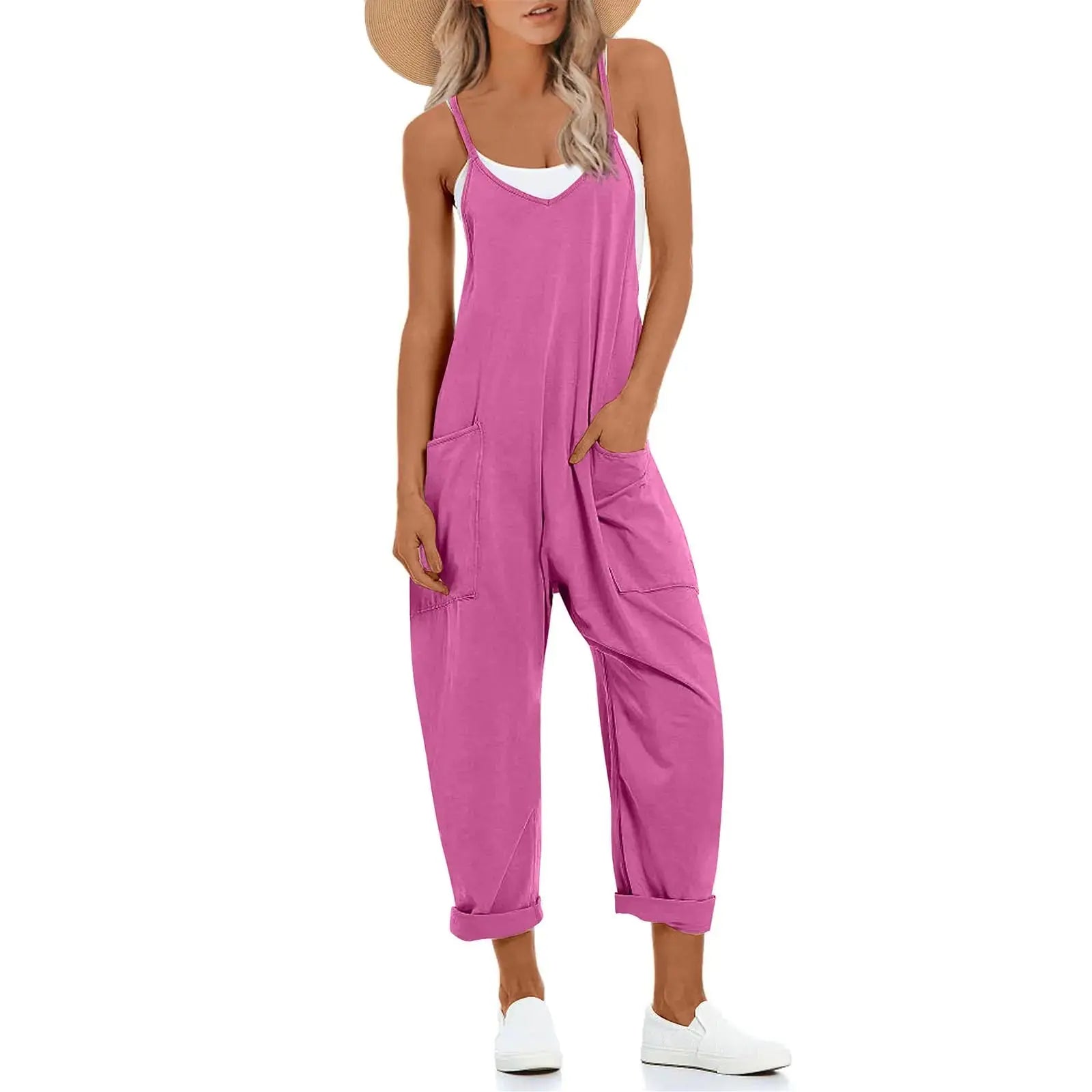 One Piece Jumpsuits for women V Neck Sleeveless Loose Fit overalls Spaghetti Strap Harem Long Pants with Pockets Purple Pink X-Large