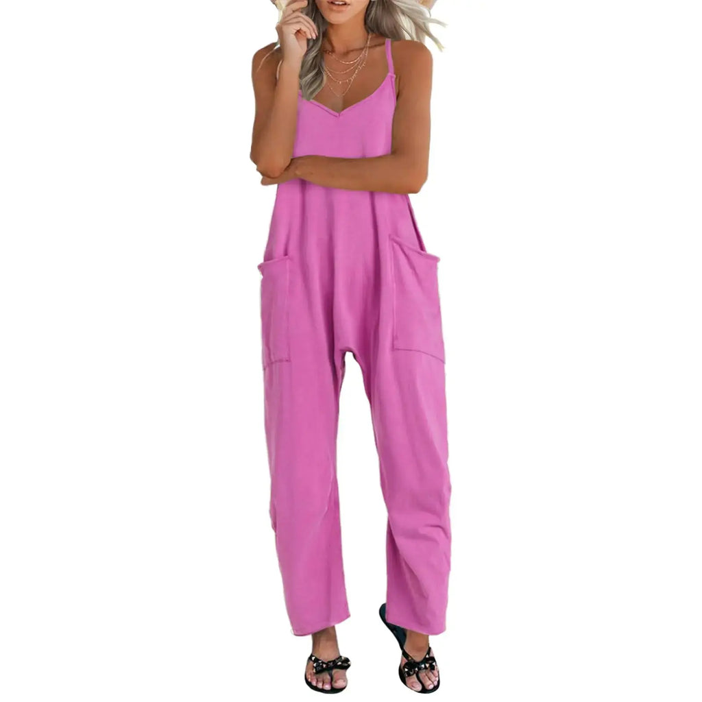 One Piece Jumpsuits for women V Neck Sleeveless Loose Fit overalls Spaghetti Strap Harem Long Pants with Pockets Purple Pink X-Large