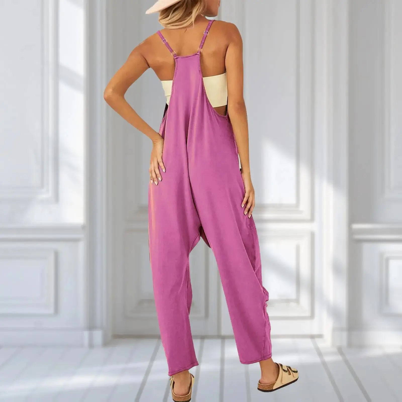 One Piece Jumpsuits for women V Neck Sleeveless Loose Fit overalls Spaghetti Strap Harem Long Pants with Pockets Purple Pink X-Large