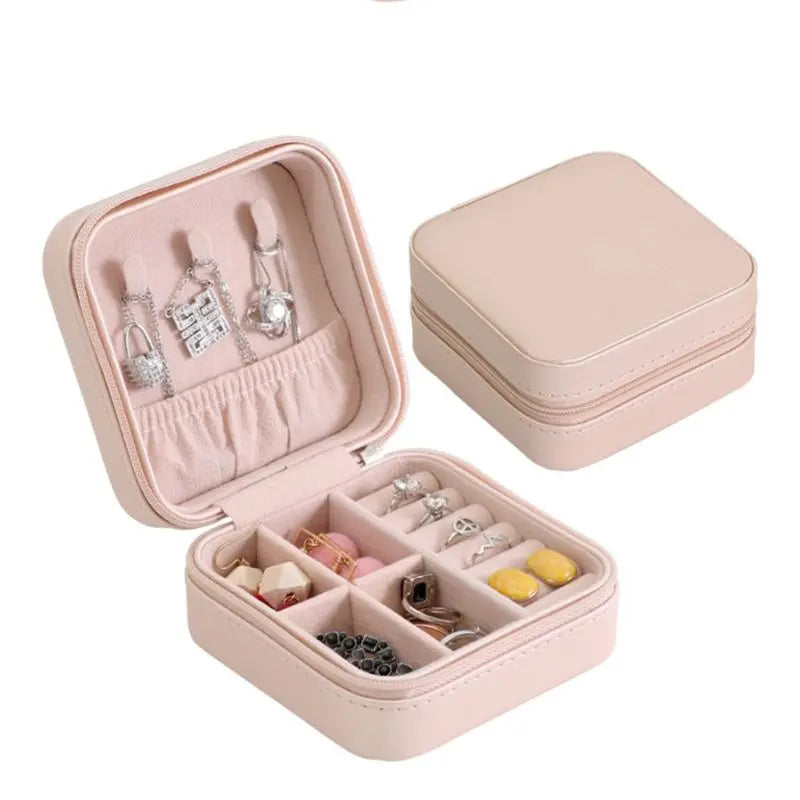 Organizer Jewelry Box with Zipper Closure- Faux Leather & Wood