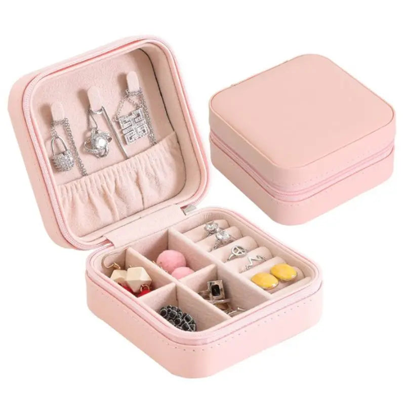 Organizer Jewelry Box with Zipper Closure- Faux Leather & Wood