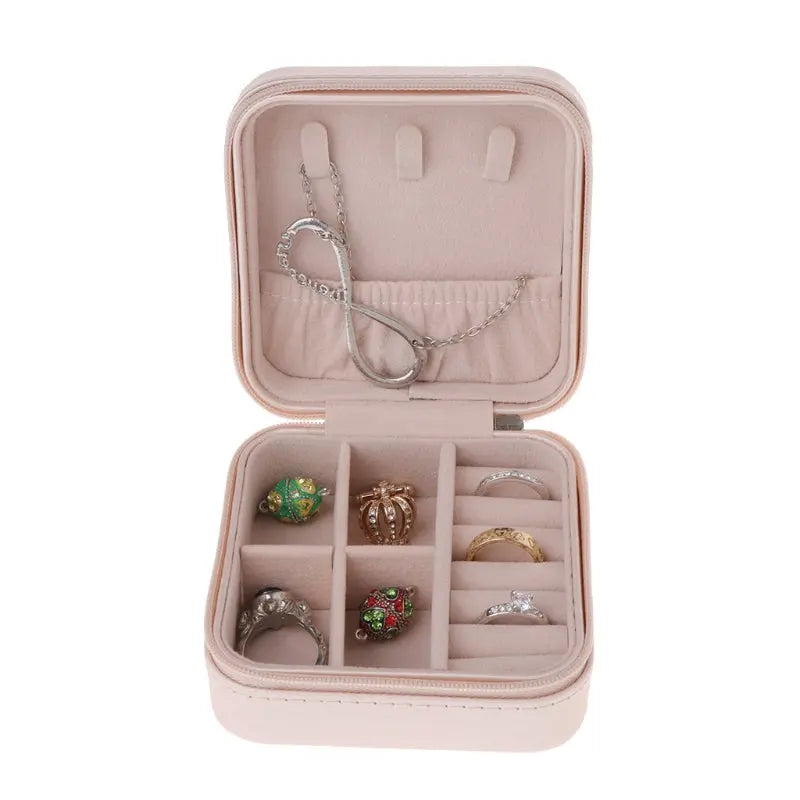Organizer Jewelry Box with Zipper Closure- Faux Leather & Wood