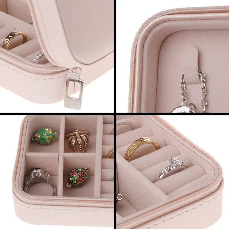 Organizer Jewelry Box with Zipper Closure- Faux Leather & Wood
