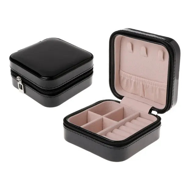 Organizer Jewelry Box with Zipper Closure- Faux Leather & Wood