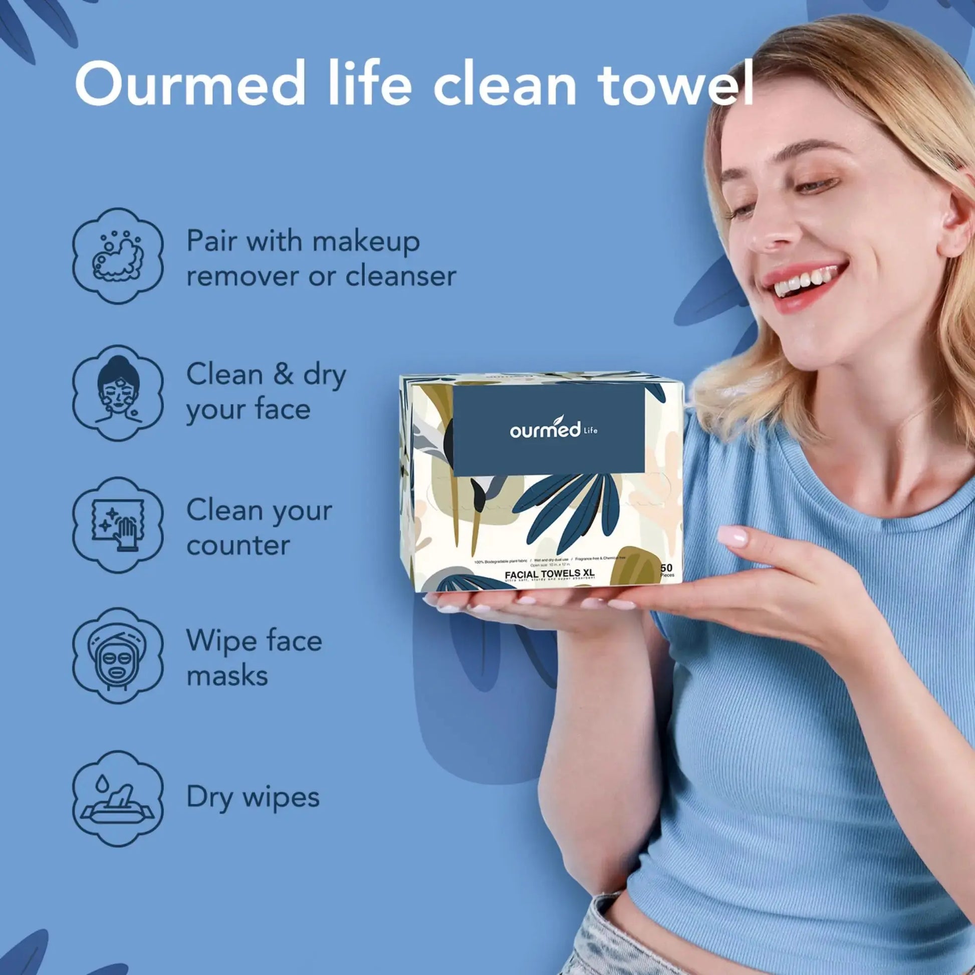 Ourmed Life Disposable Face Towels - 100 Count Lint-Free Biodegradable Makeup Remover Wipes