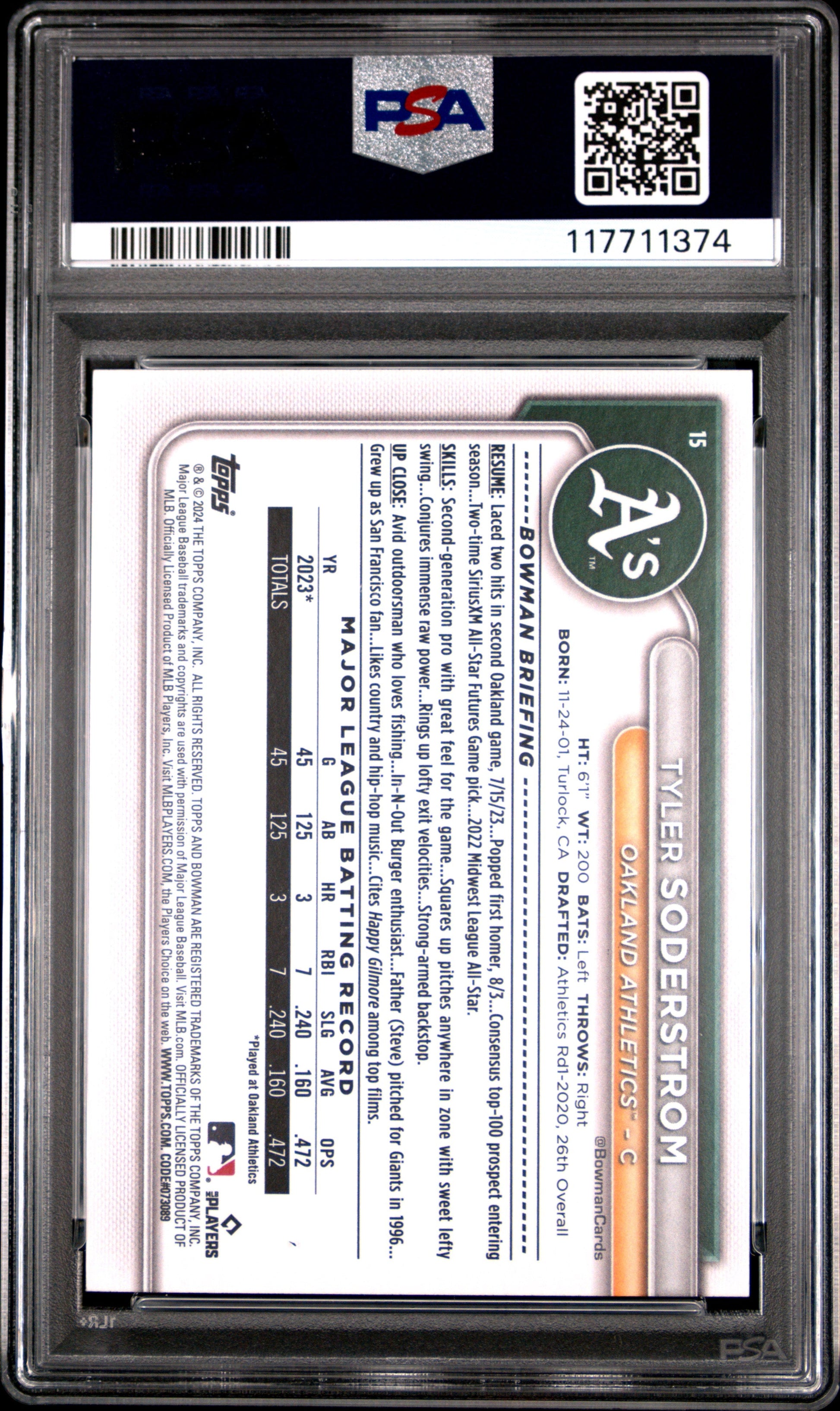 Graded 2024 Topps Bowman Tyler Soderstrom #15 Rookie RC Baseball Card PSA 9 Mint
