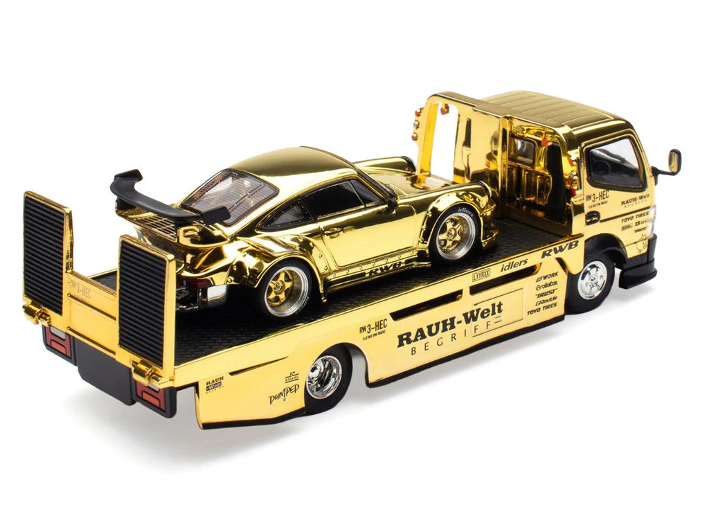 Nissan Pandem Fuso-300 Flatbed Truck RHD (Right Hand Drive) Gold Chrome and RWB 930 Gold Chrome with Graphics 2 Car Box Set "Hobby Expo China 2026" 1/64 Diecast Model Car by Pop Race