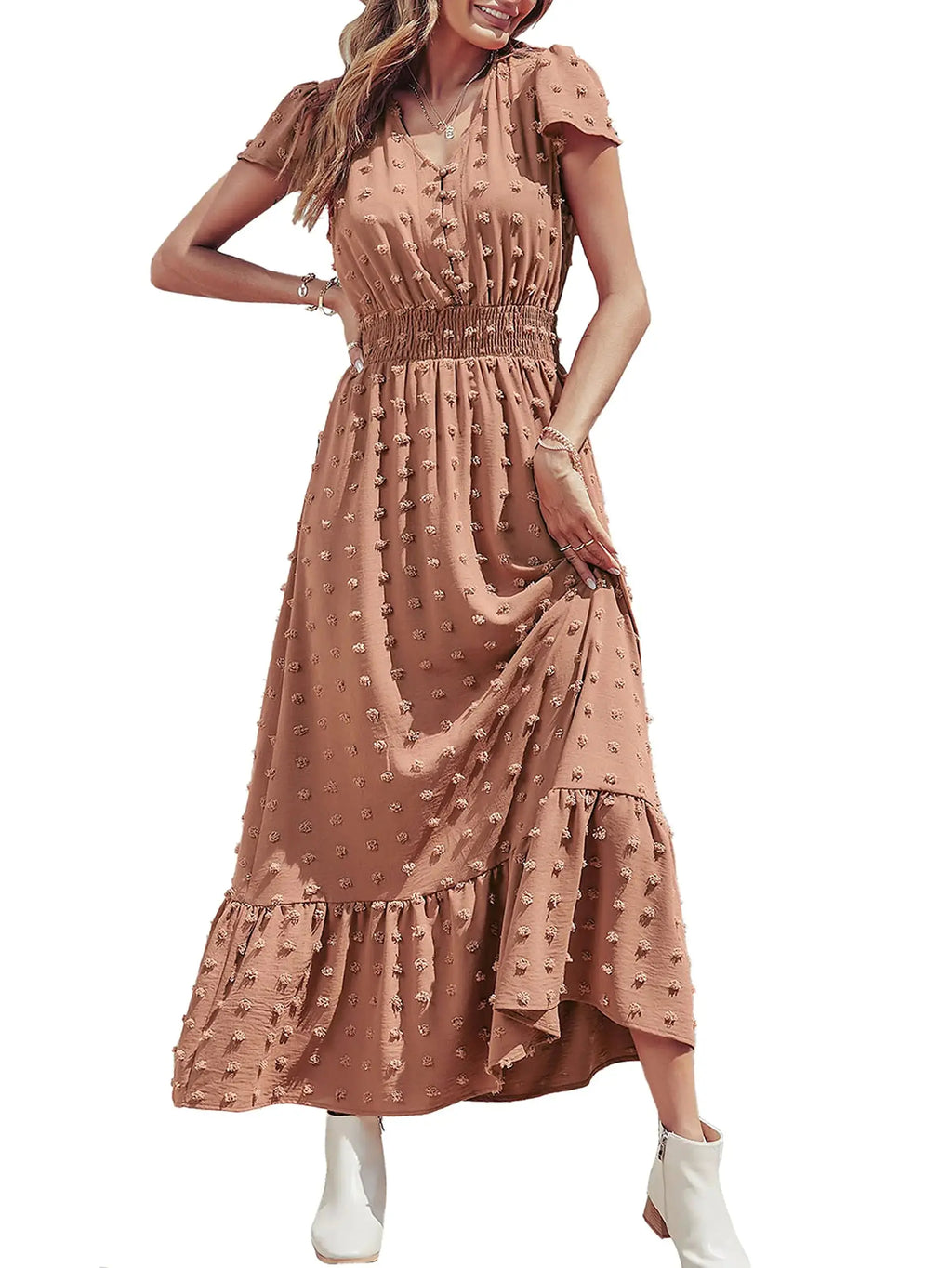 PRETTYGARDEN Women’s Boho Maxi Dress – Swiss Dot Ruffle Tiered Smocked Cocktail Dress