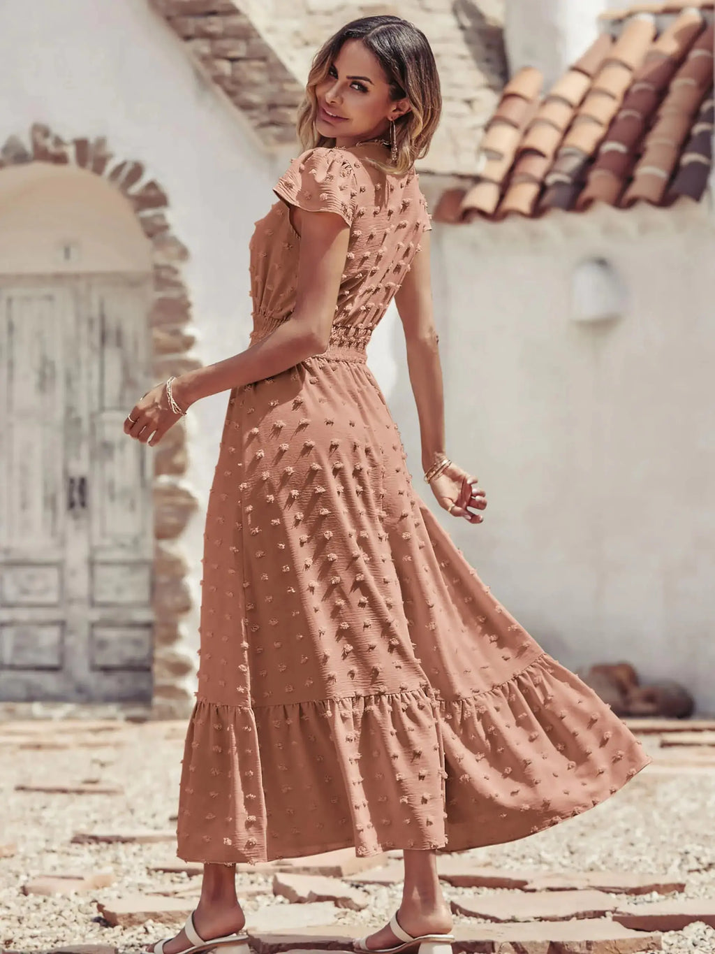 PRETTYGARDEN Women’s Boho Maxi Dress – Swiss Dot Ruffle Tiered Smocked Cocktail Dress