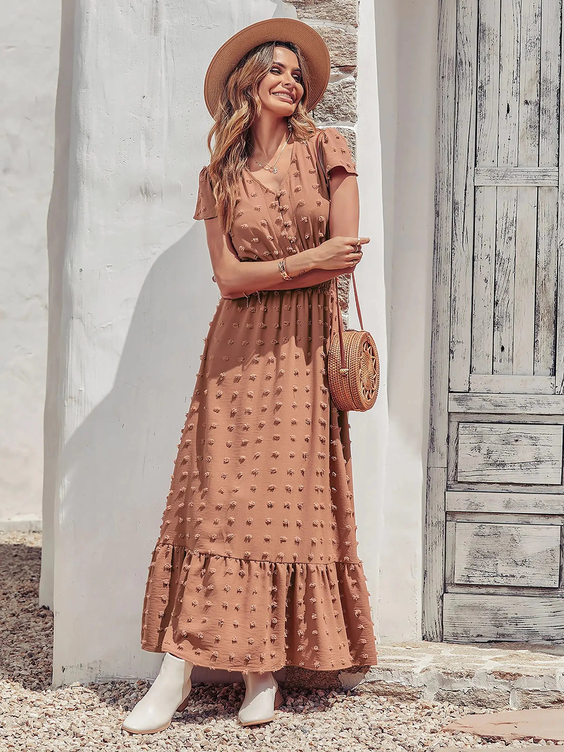 PRETTYGARDEN Women’s Boho Maxi Dress – Swiss Dot Ruffle Tiered Smocked Cocktail Dress
