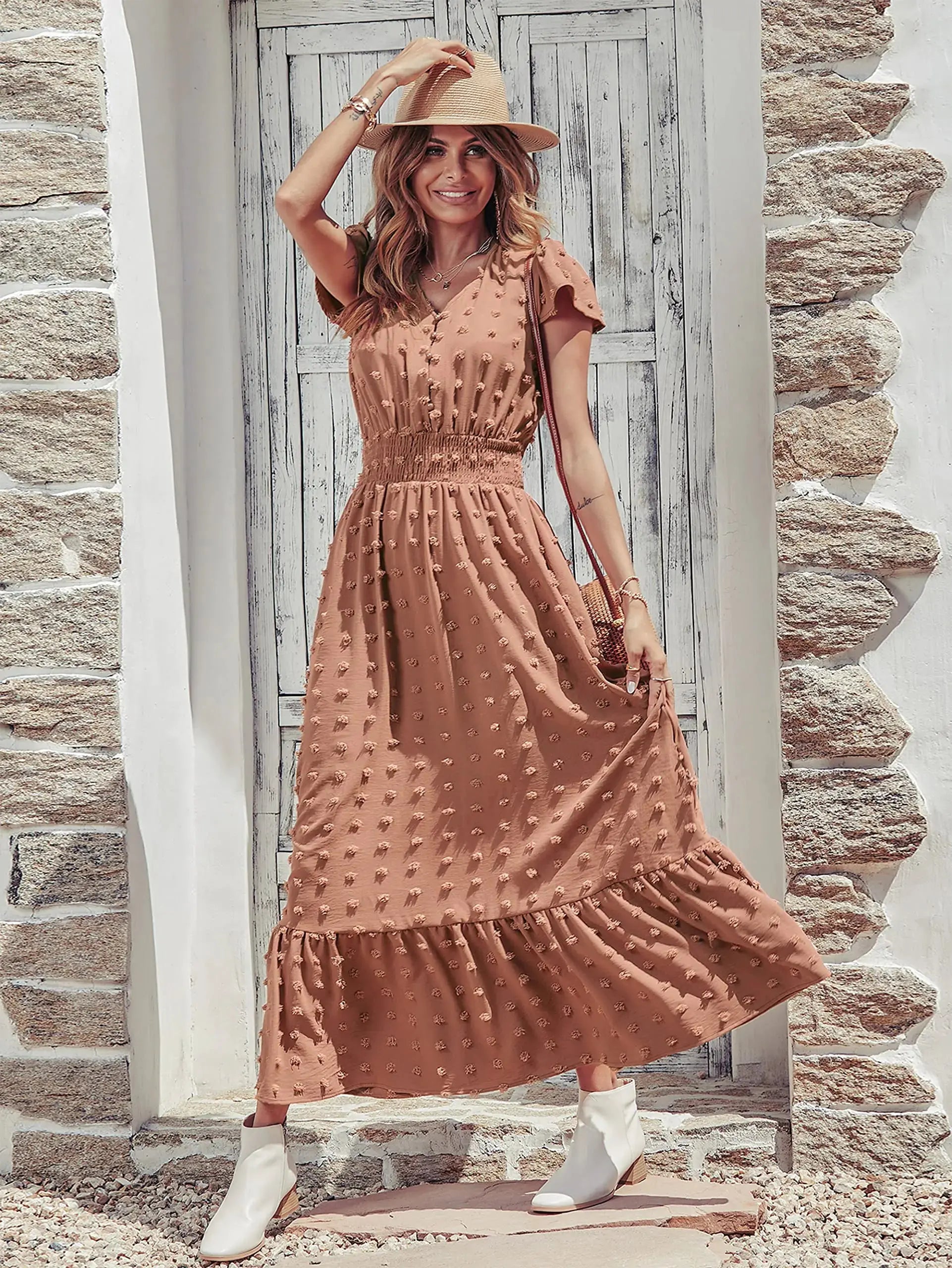 PRETTYGARDEN Women’s Boho Maxi Dress – Swiss Dot Ruffle Tiered Smocked Cocktail Dress
