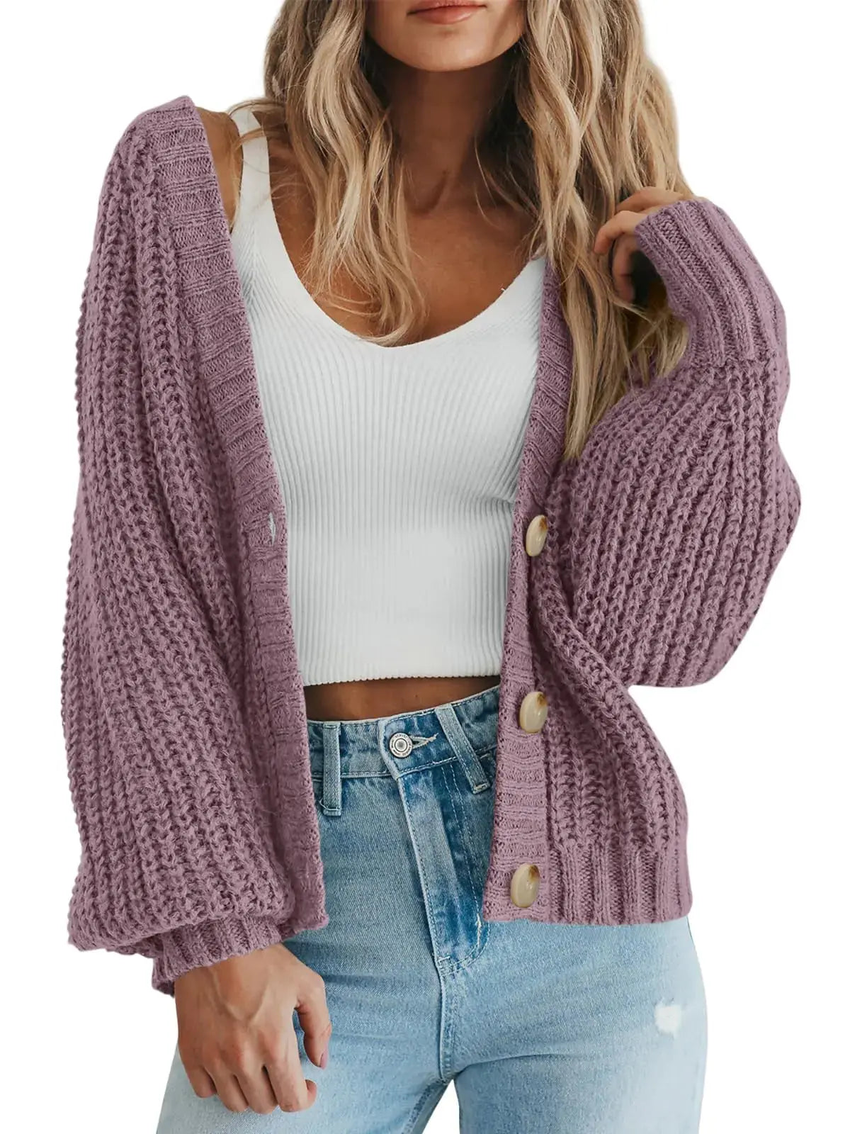 PRETTYGARDEN Women's Chunky Knit Open Front Sweater - Long Sleeve Button Loose Short Cardigan - Medium Orchid Mist