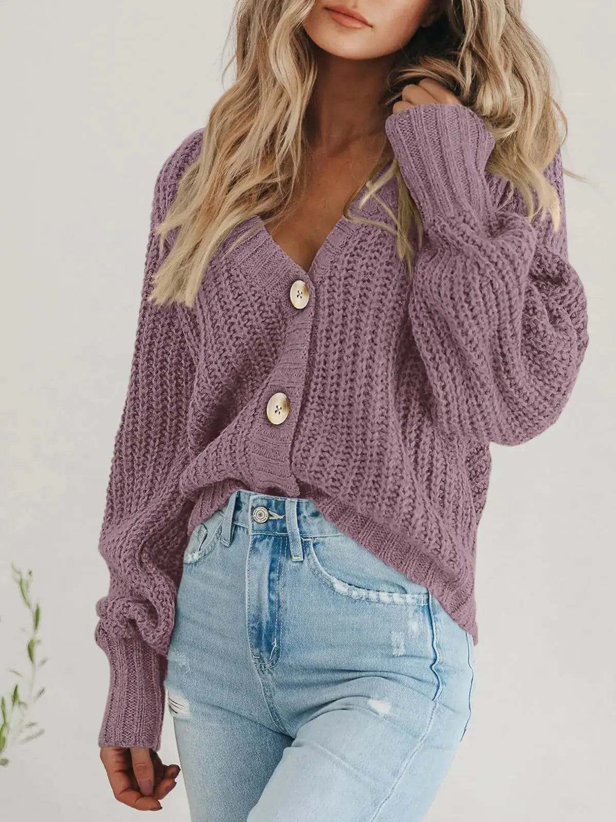PRETTYGARDEN Women's Chunky Knit Open Front Sweater - Long Sleeve Button Loose Short Cardigan - Medium Orchid Mist