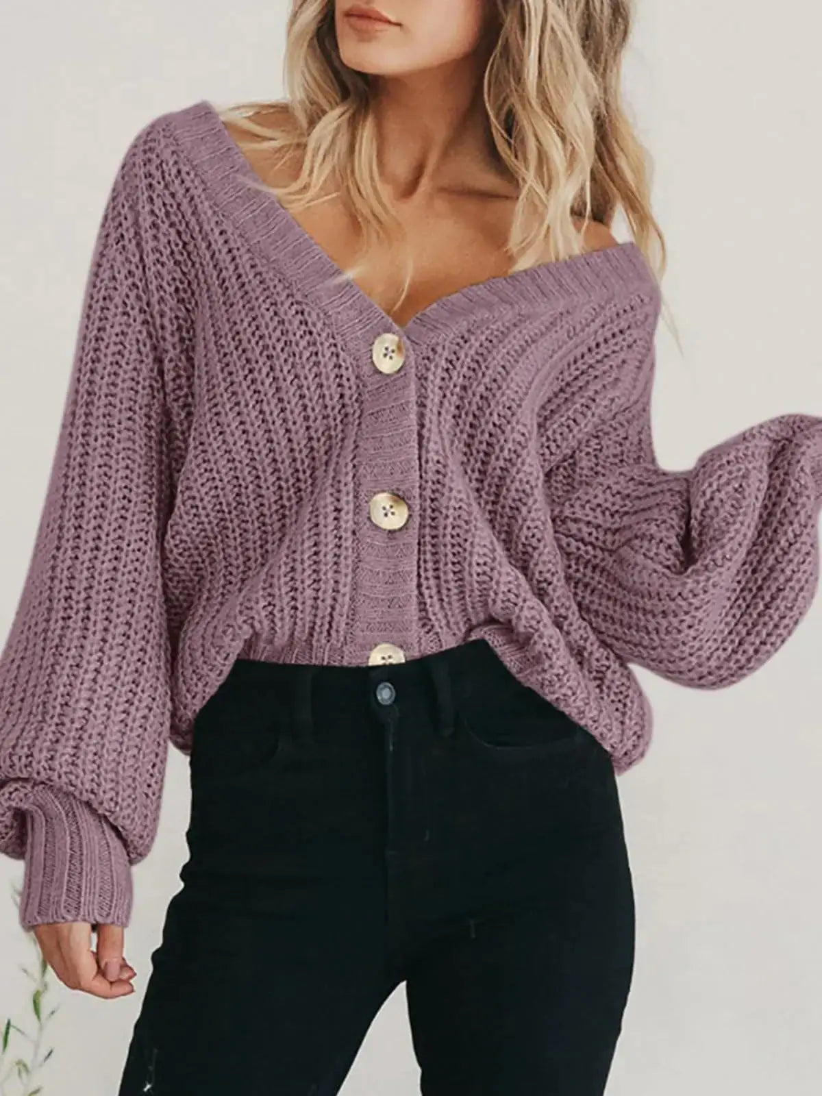 PRETTYGARDEN Women's Chunky Knit Open Front Sweater - Long Sleeve Button Loose Short Cardigan - Medium Orchid Mist