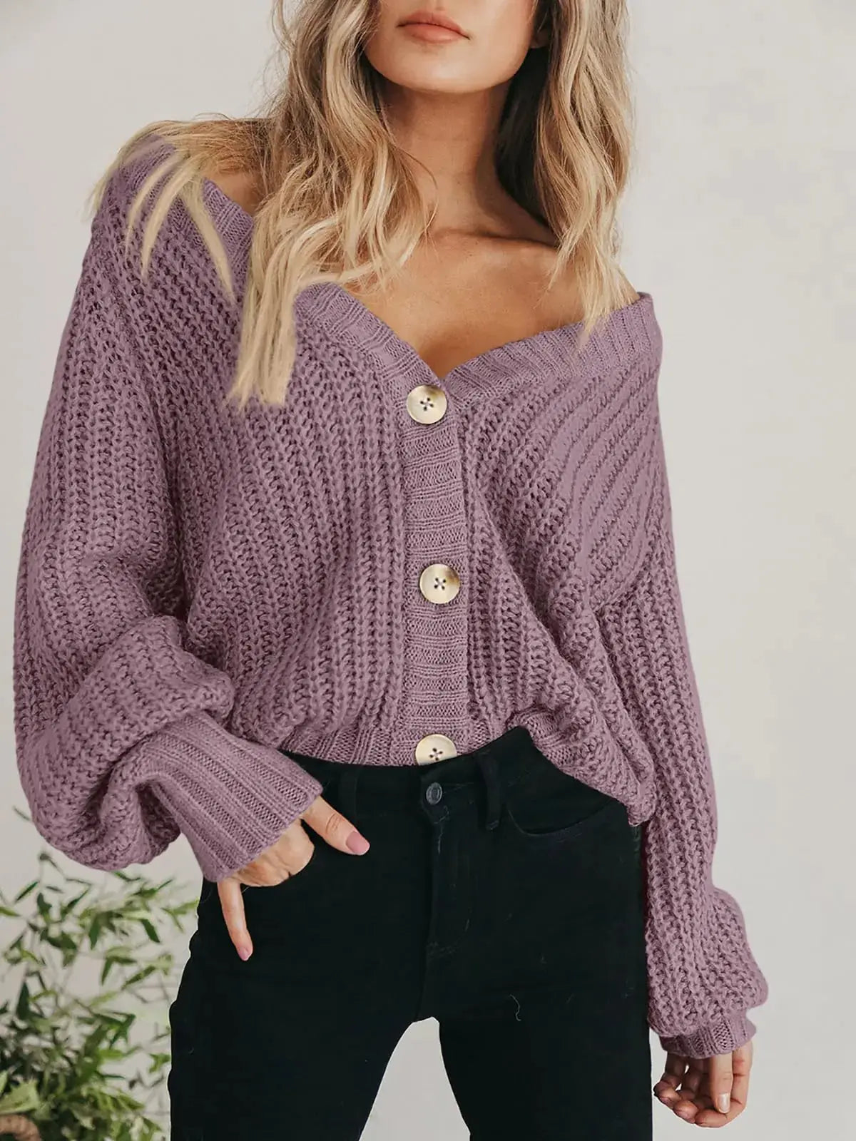 PRETTYGARDEN Women's Chunky Knit Open Front Sweater - Long Sleeve Button Loose Short Cardigan - Medium Orchid Mist