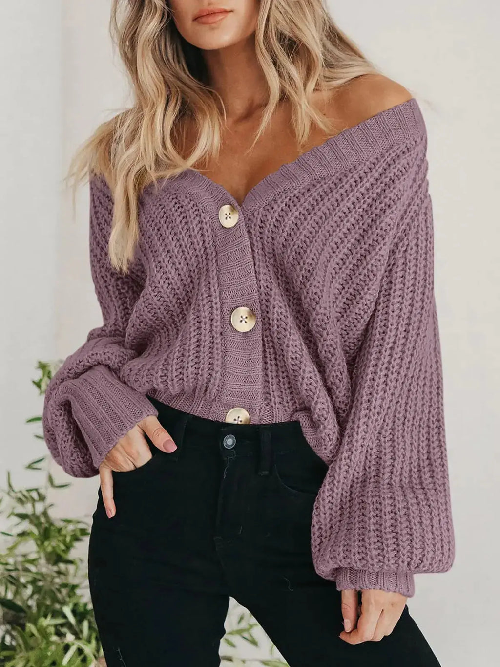 PRETTYGARDEN Women's Chunky Knit Open Front Sweater - Long Sleeve Button Loose Short Cardigan - Medium Orchid Mist
