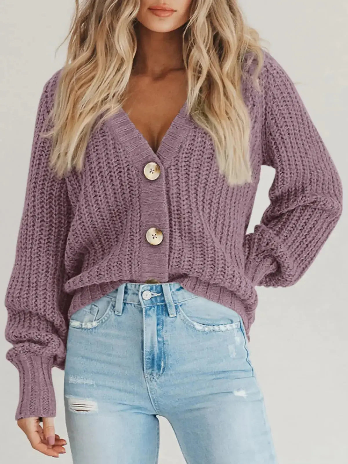 PRETTYGARDEN Women's Chunky Knit Open Front Sweater - Long Sleeve Button Loose Short Cardigan - Medium Orchid Mist