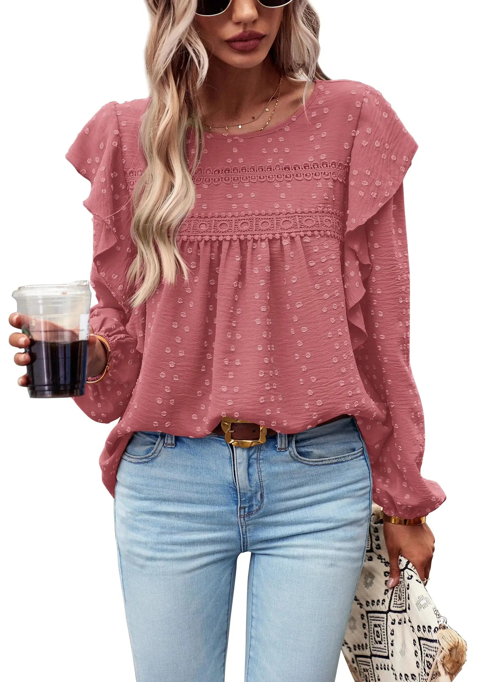 PRETTYGARDEN Women's Long Sleeve Blouses Ruffle Swiss Dot Crochet Loose Fit 2024 Fall Tunic Dressy Casual Tops - XX-Large, Dark Pink