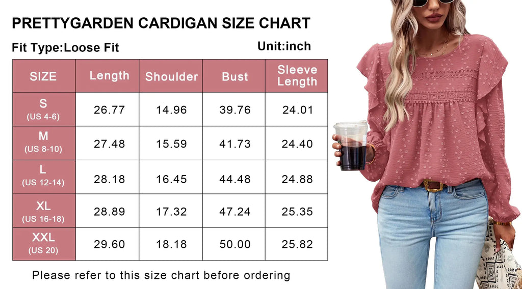 PRETTYGARDEN Women's Long Sleeve Blouses Ruffle Swiss Dot Crochet Loose Fit 2024 Fall Tunic Dressy Casual Tops - XX-Large, Dark Pink
