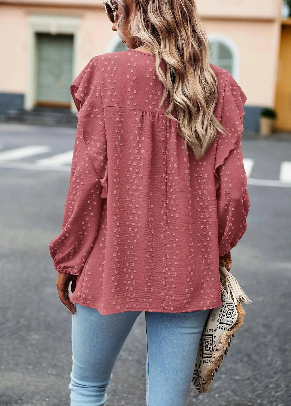 PRETTYGARDEN Women's Long Sleeve Blouses Ruffle Swiss Dot Crochet Loose Fit 2024 Fall Tunic Dressy Casual Tops - XX-Large, Dark Pink