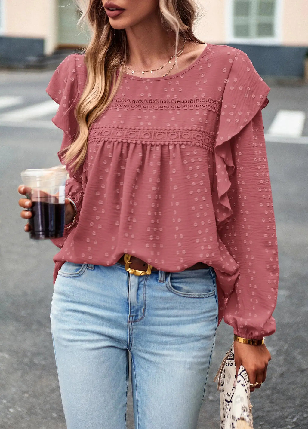 PRETTYGARDEN Women's Long Sleeve Blouses Ruffle Swiss Dot Crochet Loose Fit 2024 Fall Tunic Dressy Casual Tops - XX-Large, Dark Pink