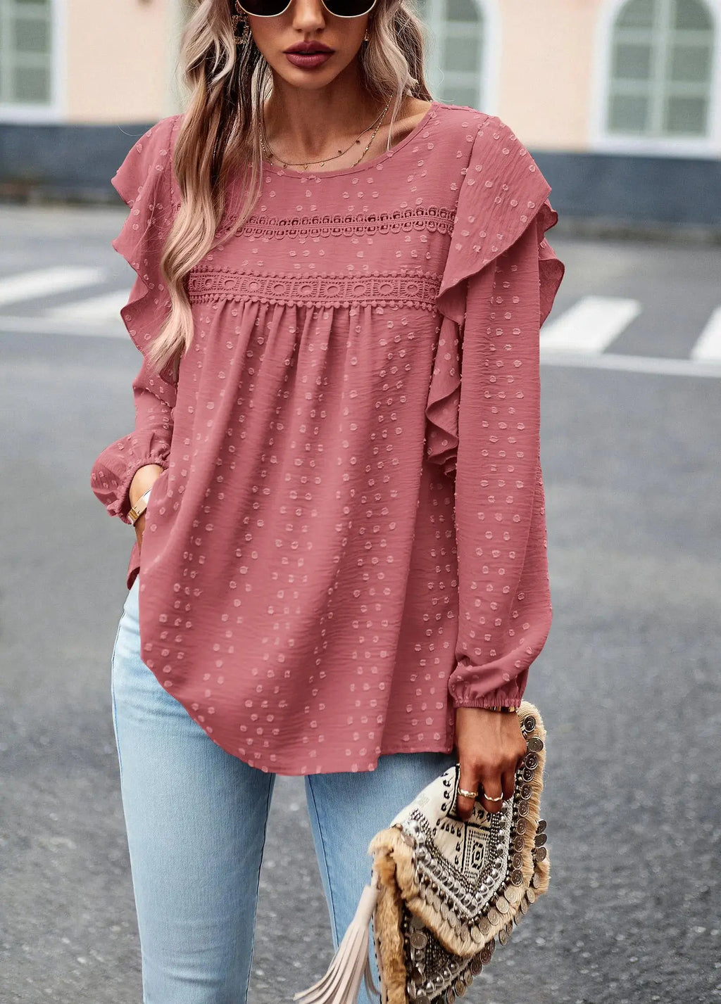 PRETTYGARDEN Women's Long Sleeve Blouses Ruffle Swiss Dot Crochet Loose Fit 2024 Fall Tunic Dressy Casual Tops - XX-Large, Dark Pink
