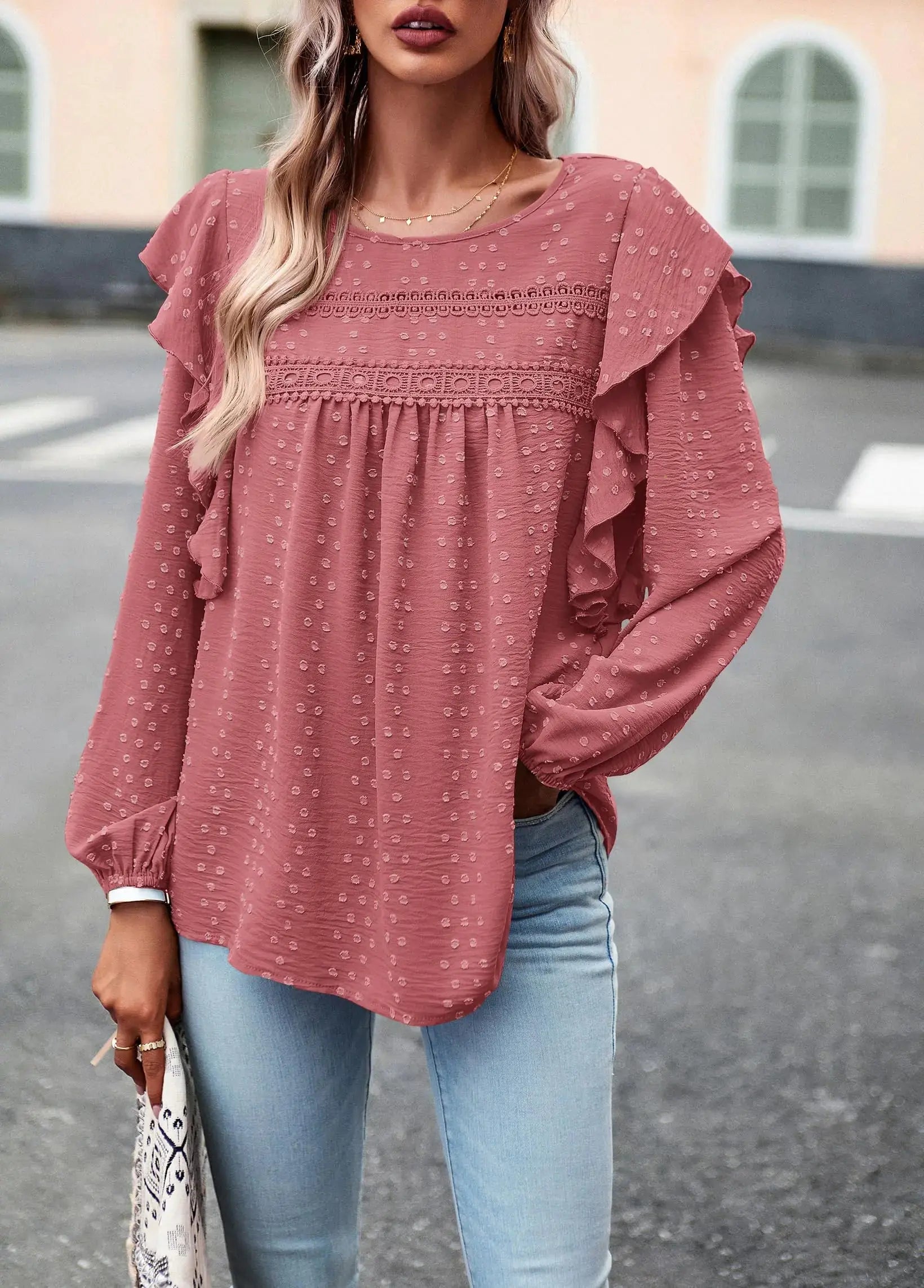PRETTYGARDEN Women's Long Sleeve Blouses Ruffle Swiss Dot Crochet Loose Fit 2024 Fall Tunic Dressy Casual Tops - XX-Large, Dark Pink