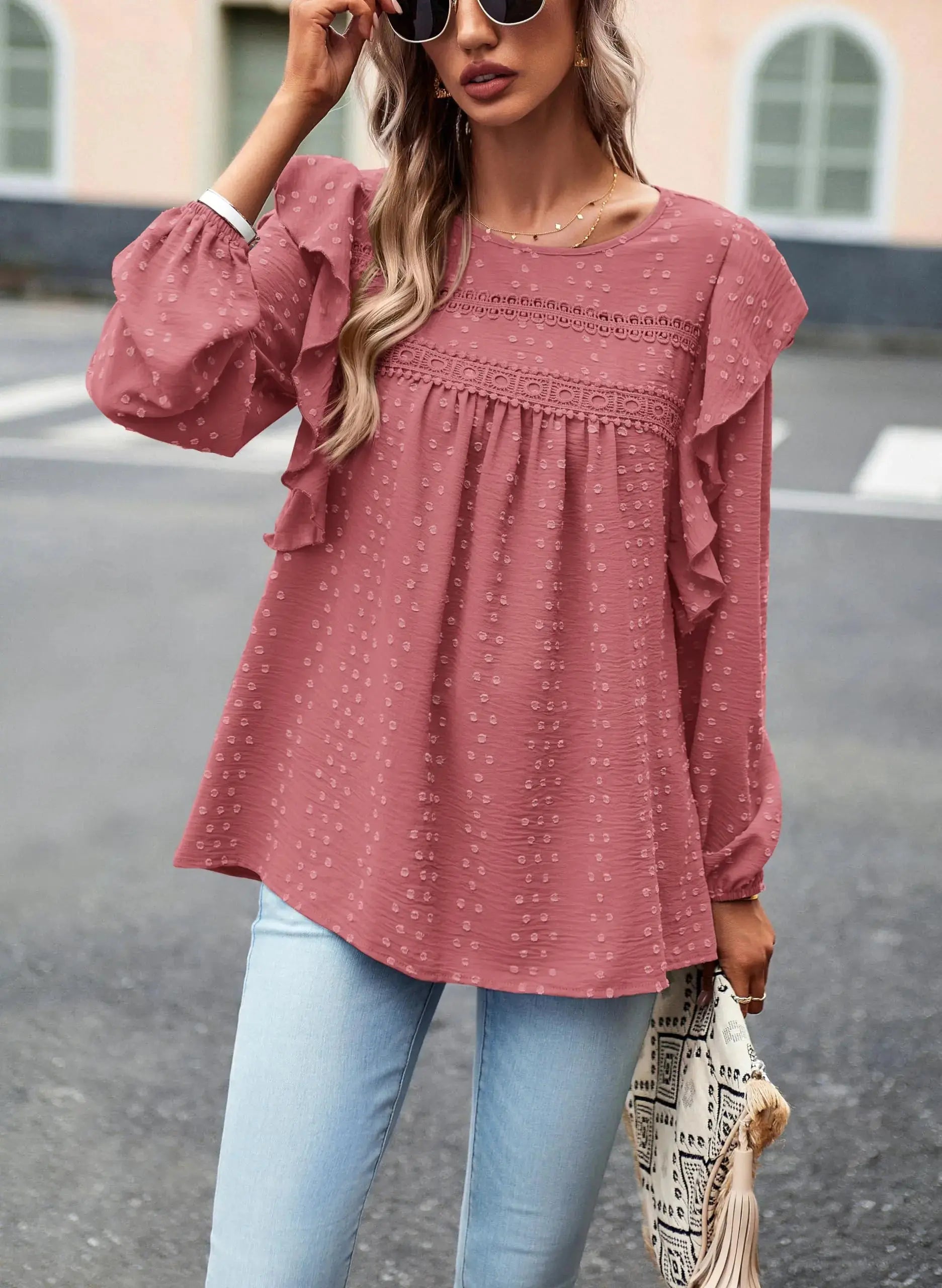 PRETTYGARDEN Women's Long Sleeve Blouses Ruffle Swiss Dot Crochet Loose Fit 2024 Fall Tunic Dressy Casual Tops - XX-Large, Dark Pink