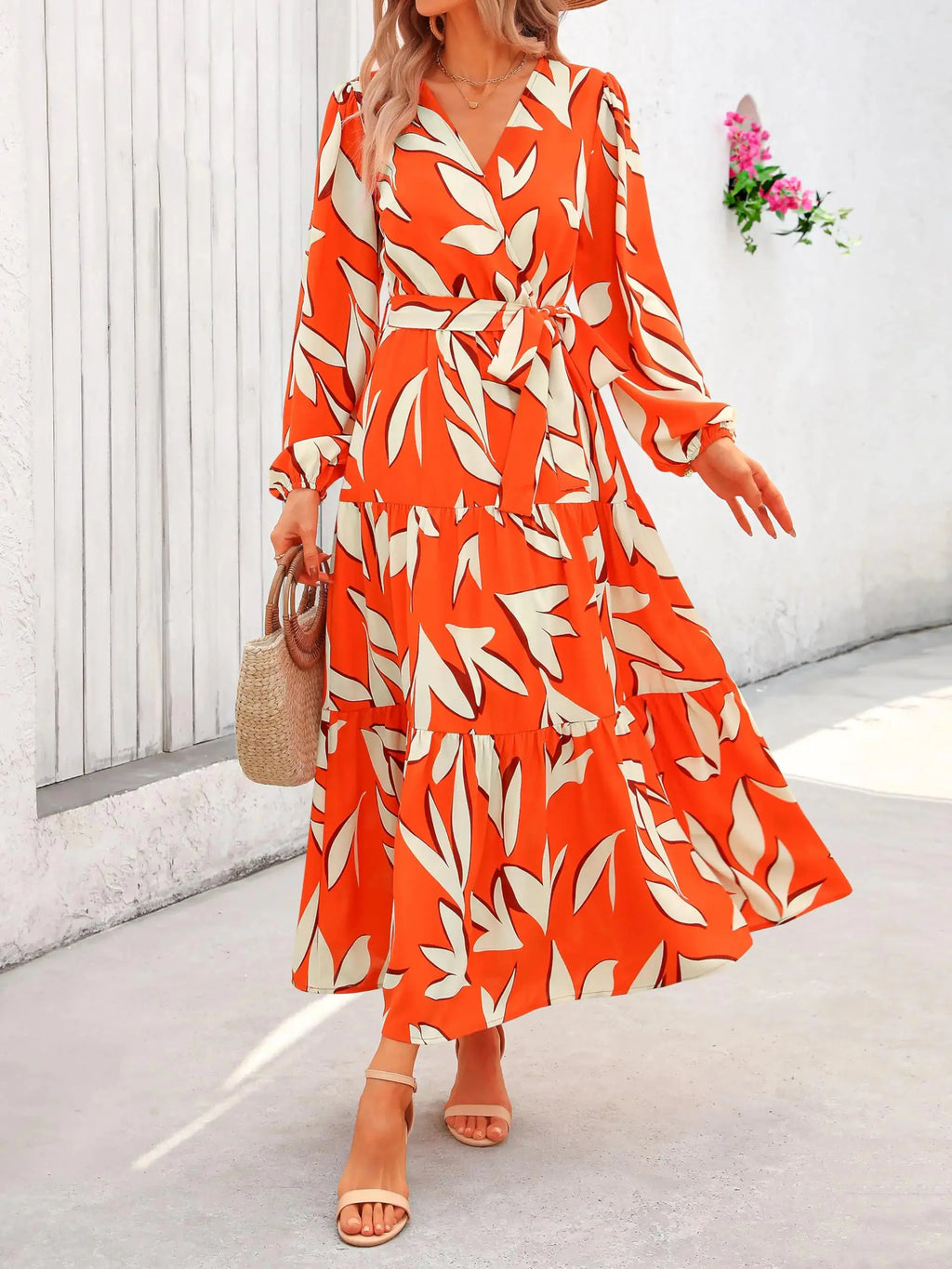 PRETTYGARDEN Womens Fall Long Sleeve Wrap V Neck Ruffle Floral Maxi Dress