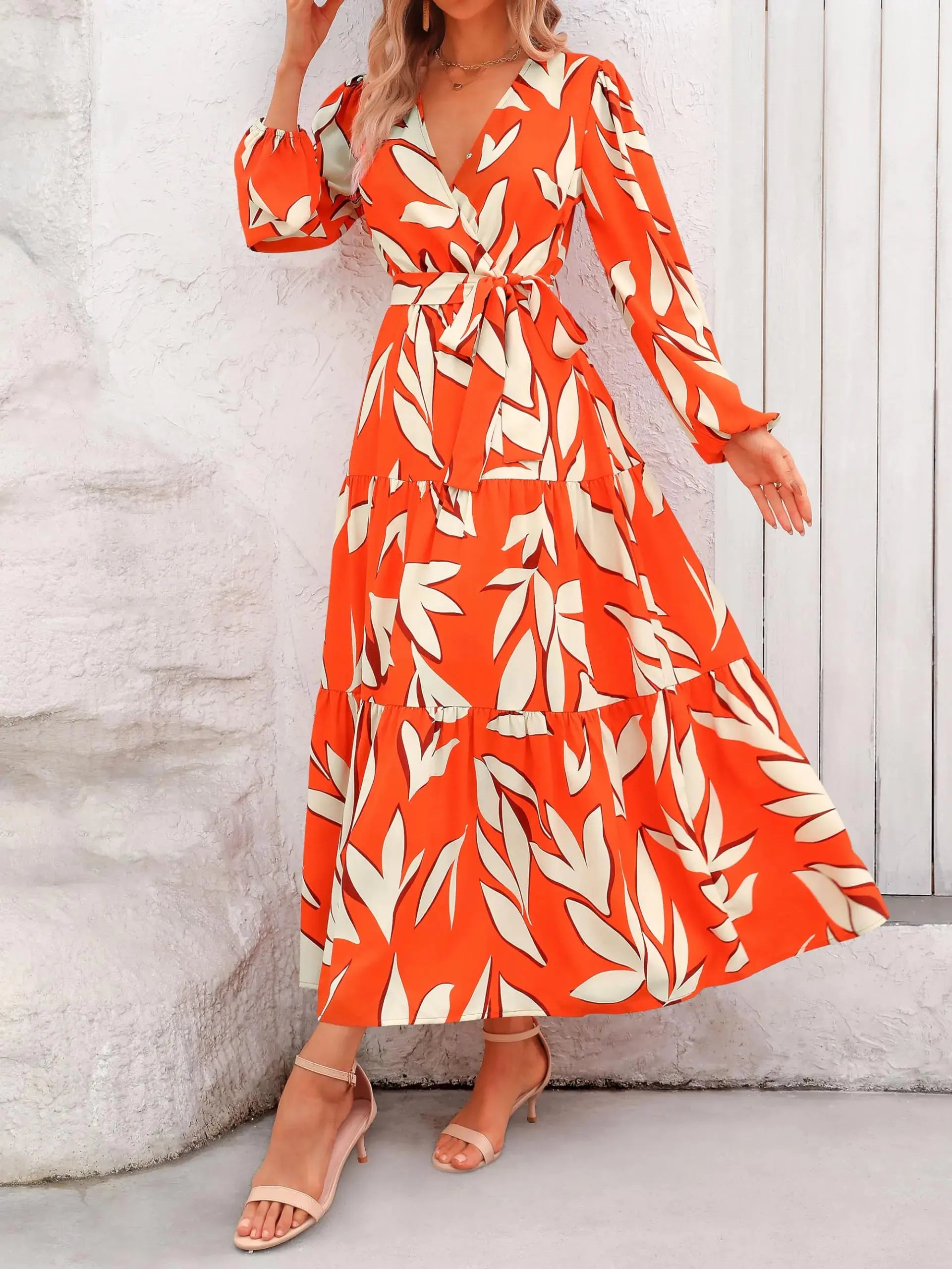 PRETTYGARDEN Womens Fall Long Sleeve Wrap V Neck Ruffle Floral Maxi Dress