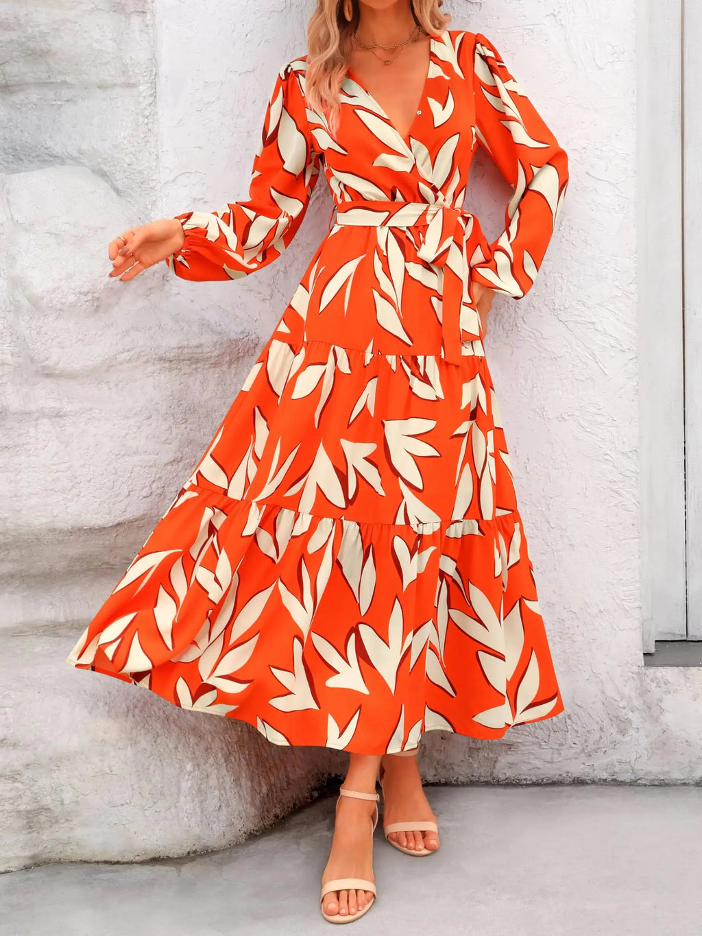 PRETTYGARDEN Womens Fall Long Sleeve Wrap V Neck Ruffle Floral Maxi Dress