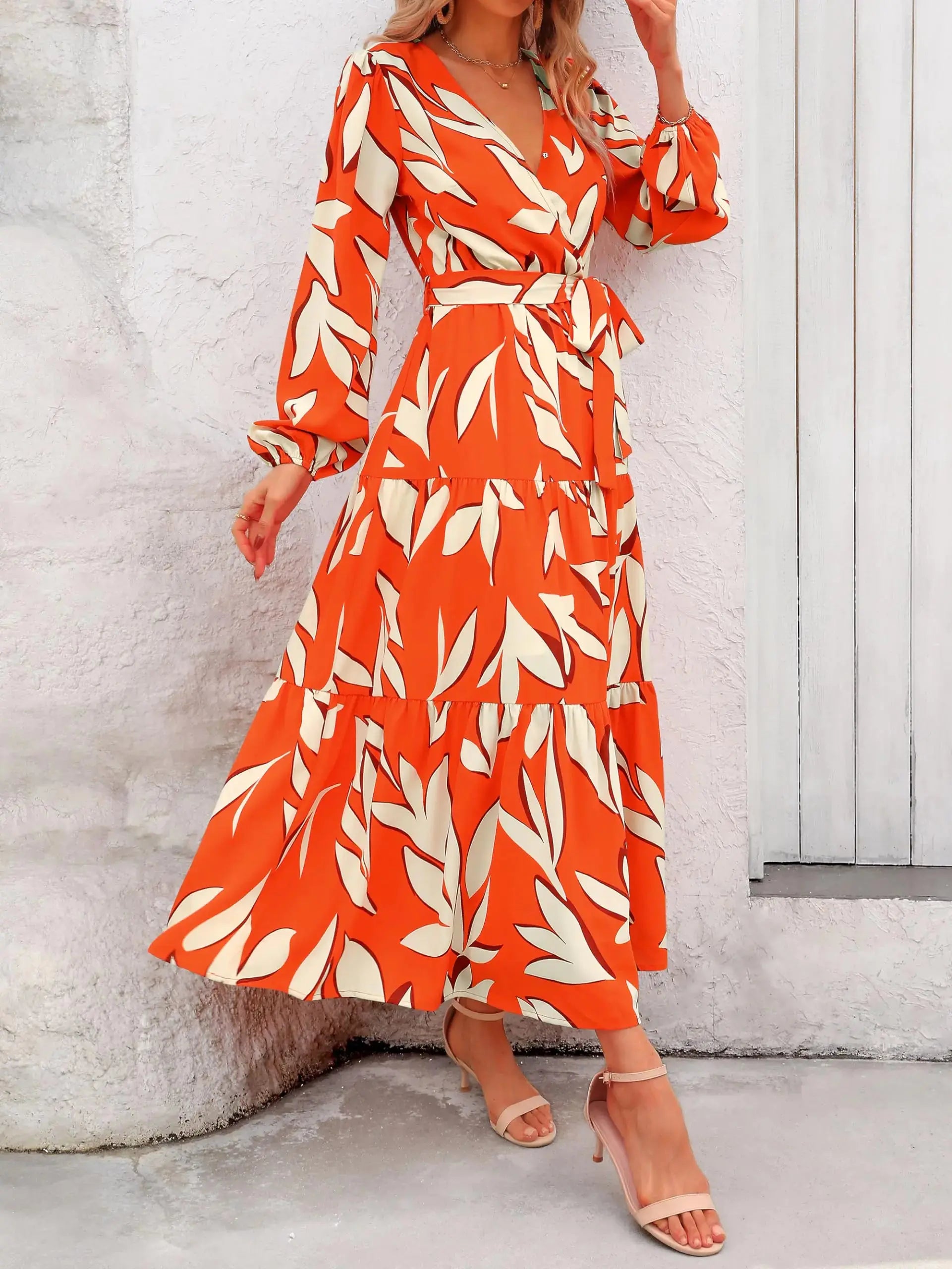 PRETTYGARDEN Womens Fall Long Sleeve Wrap V Neck Ruffle Floral Maxi Dress