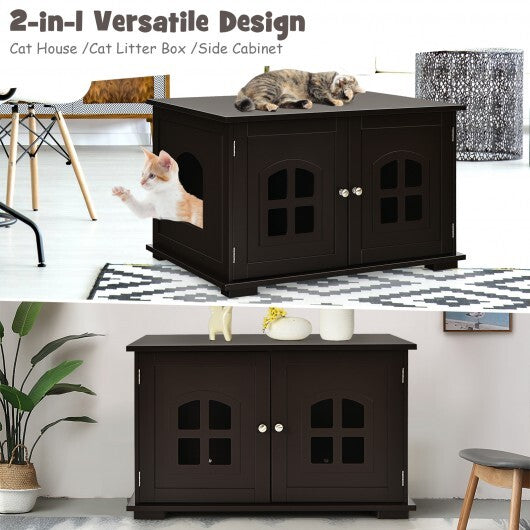 Large Wooden Cat Litter Box Enclosure Hidden Cat Washroom with Divider White