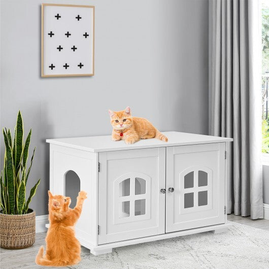 Large Wooden Cat Litter Box Enclosure Hidden Cat Washroom with Divider White