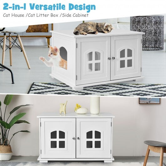 Large Wooden Cat Litter Box Enclosure Hidden Cat Washroom with Divider White