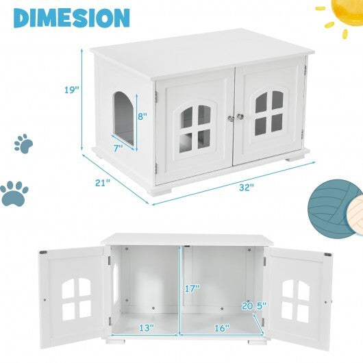 Large Wooden Cat Litter Box Enclosure Hidden Cat Washroom with Divider White