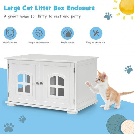 Large Wooden Cat Litter Box Enclosure Hidden Cat Washroom with Divider White