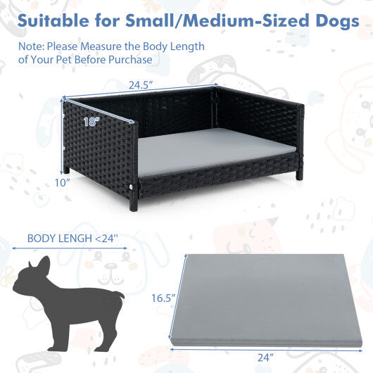 Rattan Dog Bed with Waterproof Soft Cushion for Medium Small Dogs Cats-Gray