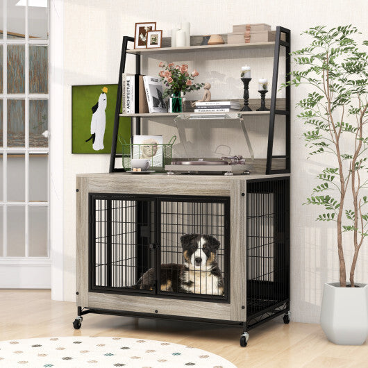 Industrial Dog Kennel Dog Crate Furniture with Storage Shelves-Rustic Brown