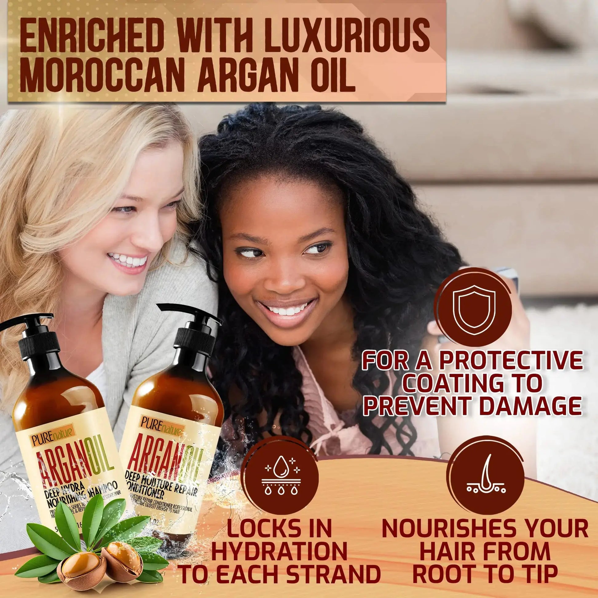 PUREnature Argan Oil Shampoo and Conditioner Set - Sulfate Free Moroccan Care with Keratin