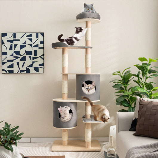6-Tier Wooden Cat Tree with 2 Removeable Condos Platforms and Perch-Brown