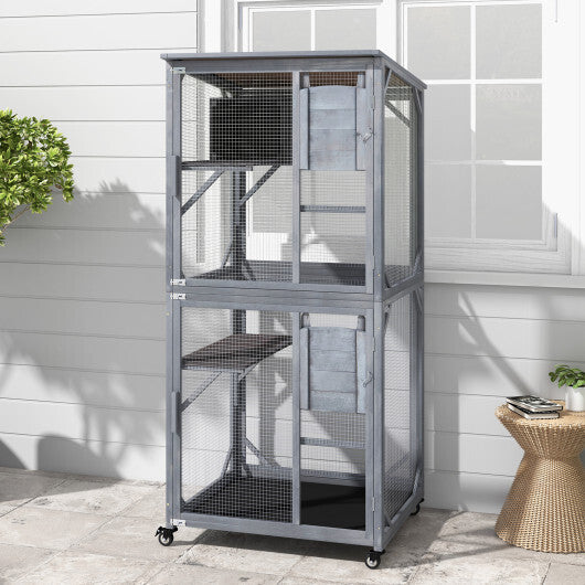 72 Inch TallWooden Cat House with Weatherproof Asphalt Roof-Gray